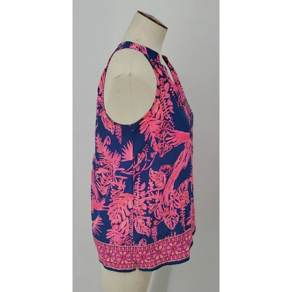 Lilly Pulitzer Silk Fushia Navy Bird Print Sleeveless Blouse High Low XS Preppy - Picture 8 of 12
